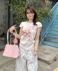 Hnewly Sweet T Shirts Women Cartoon Cat Printed Short Sleeve Summer Fashion Sexy Stretch Slim Y2k Tops Female Casual Tshirt