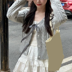 Hnewly Fairycore Sweater y2k Clothes Women Solid Color V Neck Long Sleeve Cardigan Knitted Tops 2000s Clothing Streetwear