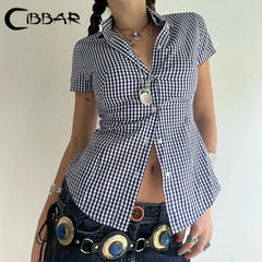 Hnewly y2k Plaid Print Women Blouse Vintage 2000s Short Sleeve Button Up Cropped Top Casual Streetwear Summer T-shirts Aesthetic