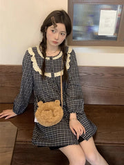 Hnewly Vintage Cute Plaid Dress Women Loose Lace Patchwork Long Sleeve Mini Dress Japan Retro Female Casual Kawaii Vestidos New