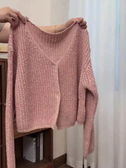 Hnewly Pink Knitted Cardigan for Women Long Sleeve V-neck with Invisible Button Front Sweater Jacket Teen-girl Fall Winter Cute Outfit