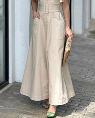Hnewly Fashionable High Waist Bell Bottom Long Dress Women's Street Style Deep V Casual Gown A-Line Skirt Short Sleeve Polyester