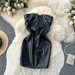 Hnewly Strapless Sexy Short Dress Summer Sleeveless Bodycon Hollow Out Fashion Y2K Women Evening PU Leather Slim Dress