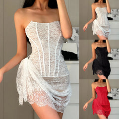 Hnewly Women'S Sexy Strapless Lace Corset Mini Dress Sleeveless Lace-Up Adjusted Draped Black Bodycon Dresses Elegant Party Club Gowns