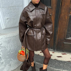Hnewly Elegant Cinched Waist Leather Jacket Women Drawstring Lapel Zipper Buttons Full Sleeve Coat Spring Lady Street Outwear
