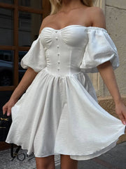 Hnewly Elegant Printed A-line Slim Fit Dress Women Chic Square Neck Puff Short Sleeve Waist-cinching Dresses Highstreet Outwear