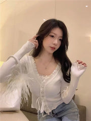 Hnewly Sweet Fresh V-neck Lace Patchwork Tops Women Autumn Bandage Ruffles Sweaters Harajuku Slim Fit Long Sleeve Knitted Cardigan