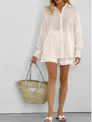 Hnewly Women's Fashion Two Piece Sets Outfit Striped Bubble Sleeve Shirt +Shorts Commuting Design Casual Set