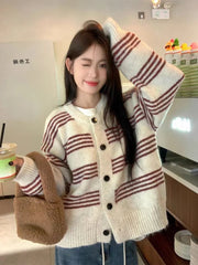 Hnewly Women Cardigan Sweater Striped Crew Neck Button-up Sweater Jacket Comfy Cozy Slouchy Cardi Autumn Winter French Chic Outfit