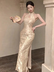 Hnewly Woman Dress Stand Collar Sleeveless Floral Split Sexy Hollow Out Vintage Summer Fashion Temperament Dresses Party