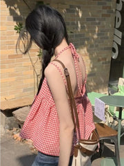 Hnewly Red Plaid Camisole Women Backless Hotsweet Bandage All-match Loose College Personality Chic Summer Korean Style Fashion Ulzzang