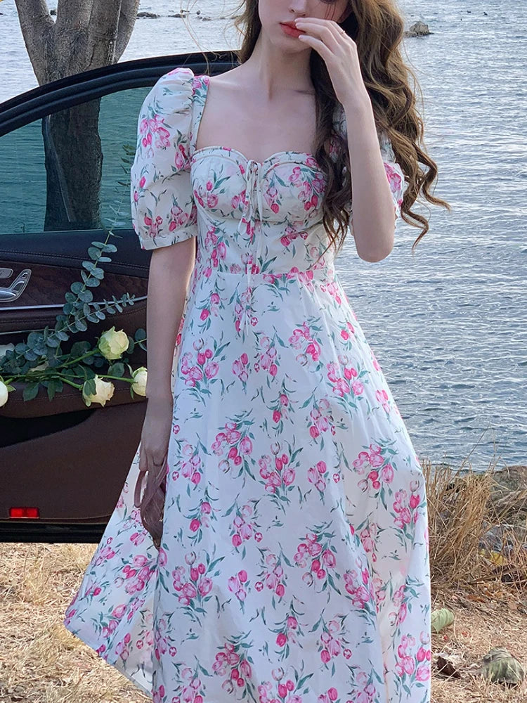 Summer Vintage Floral Midi Dress Woman Beach Style Korean Fashion Elegant Party Dress Casual Princess Fairy Dress Designer