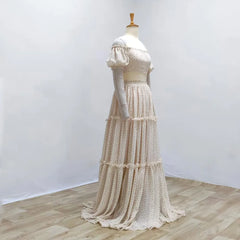 Hnewly Maternity Dress For Baby Showers Printed Chiffon Off Shoulder Puff Sleeve Two-Piece Adjustable Uniform Size Pregnant Women Dress