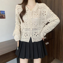 Hnewly Women's Crochet Cardigan Embroidered Daisy Collared Button Down Open-Knit Top Cardi Jacket Boho Chic Vacation Outfit