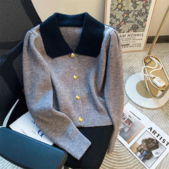 Hnewly Women's Spring Autumn Sweater New Elegant Grey Lapel Long Sleeve Single Breasted Slim Fashion All-Match Short Coat