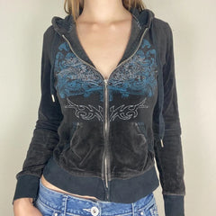 Hnewly Y2K Aesthetic Vintage Slim Sweatshirts Embroidery Graphic Pattern Zip Up Hoodies 2000s Retro Grunge Mall Goth Jacket Autumn Coat