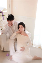 Hnewly Women Maternity Dress for Photoshoot White Elegant Off-shoulder Long Sleeves Dresses for Lady Studio Shooting Pregancy Clothing