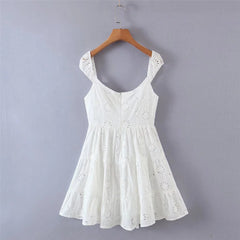 Hnewly Short sleeve white dresses for women Summer mini lace dress elegant white kawaii dress hollow out lace up dress puff sleeve