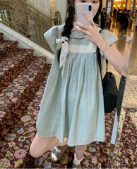 Hnewly Woman Dress Vintage Sweet Lace Patchwork Ruffled Collar Flying Short Sleeve Sweet Fashion Mini Dresses Casual Female