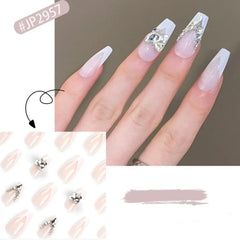 Hnewly French False Nails White Edge Crystal Blue Gradient Press on Nails Gold Glitter Sequins Lines Full Cover Nail Tips Women Girls