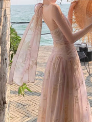 Hnewly Women's French Floral Print Halther Dresses Summer Elegant V-Neck Slim Lace-up Midi Dress Sexy Beach Holiday 2025 New Fashion