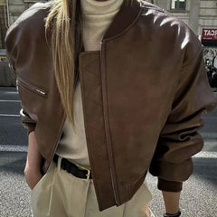 Hnewly Lapel Cotton Leather Jacket Woman Short Retro Zipper Cardigan PU Jacket Solid Spring New female High Street Outwaer