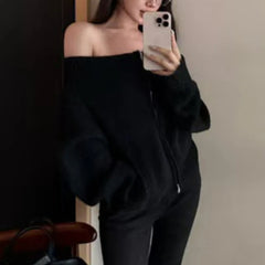 Hnewly Women's Off-the-Shoulder Sweater Cardigan Zip Up Knitted Off Shoulder Sweater Jacket Teen-girl Fall Winter Y2K Outfit