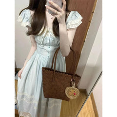 Hnewly Summer Sweet Fly Sleeve Blue Bownot Fairy Dress Slim French Style Patchwork Lace Dress A-line Women Casual Dress