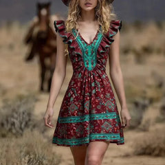Lunivop Vintage Chic Fashion Women Hippie Floral Print V-neck Bohemian Mini Dress Ladies Short Sleeve Summer Beach Wrap Boho Dresses