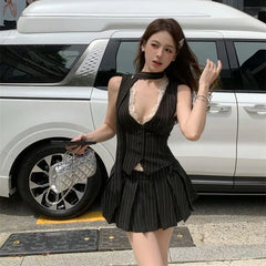 Hnewly 2000s Aesthetic Striped Outfits 2 Piece Set Summer Women Korean Fashion Vacation Kpop Lace Vest + Y2k Preppy Mini Pleated Skirt