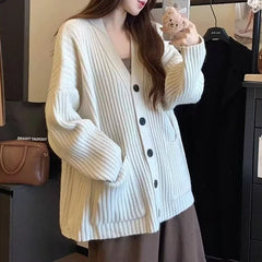 Hnewly Oversized Cardigan Women Long Sleeve Pocket Front Button-up Rib Knit Sweater Jacket Teen-girl Autumn Winter Preppy Daily Outfit