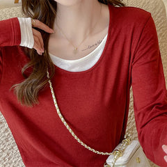 Hnewly Casual Patchwork Long Sleeve T-Shirts Women Faux Two Pieces Pullovers Woman Autumn Crew Neck Bottoming Shirts Ladies