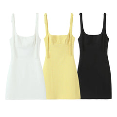 Hnewly New Women's Plaid Sling Dress Elegant Yellow Plaid Party Dress Bow Strap Summer Sexy Casual Short Dresses Slim New