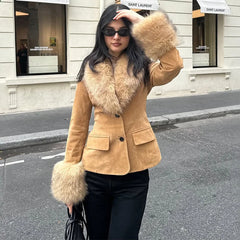 Hnewly Retro-Style Suede Suit Fur Collar Jacket Women's Detachable Fur Collar Button Pocket Loose Patchwork Coat Autumn Winter