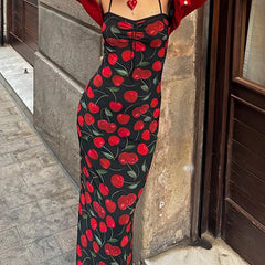 Hnewly Spaghetti Strap Elegant Summer Long Dress Cherry Printed Fashion Folds Beach Holidays Sundress Sexy Women's Dresses
