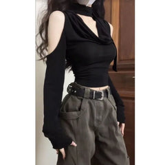 Hnewly summer inspo Fashion V-neck Black Halter Tops Women Summer Nw Slim Waist Tee Shirt Y2k E-Girl Long Sleeve Off Shoulder T-shirts