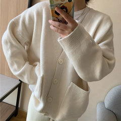 Hnewly Women Cardigan Sweater y2k Clothes Solid Color V Neck Single Breasted Long Sleeve Knitted Tops with Pockets Streetwear