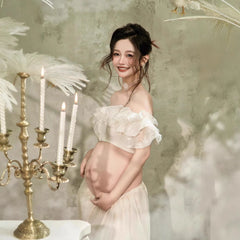 Hnewly Women Ruffles Tube Top with A-line Skirt 2pcs Set for Photography Shooting Elegant Photo Clothing Maternity Pregant Photo Shoot