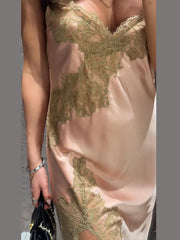 Hnewly Blush Satin Lace Slip Midi Dress Spaghetti Strap V Neck Backless High Slit Dresses Fashion Evening Cocktail Party Outfit