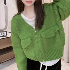 Hnewly Women's Zip Up Knit Cardigan with Pocket V-neck Zipper Front Crop Sweater Jacket Female Teen-girl Autumn Winter Y2K Outfit