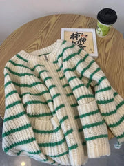 Hnewly Green Striped Zippered Sweater Knitted Cardigan Women's Spring Autumn O-Neck Top New Loose Harajuku Long Sleeved Outwear