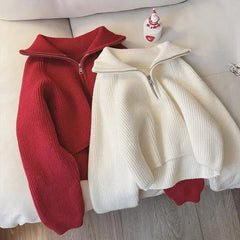Hnewly Half Zip Collar Sweater Women Pullovers Soft Knitted Long Sleeve Short Jumper Fall Winter Teen-girl Korean Fashion Outfit