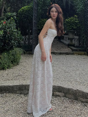 Hnewly See Through Dress Women Backless Sleeveless Cross Lace-Up Spaghetti Strap Sexy Flower Motif Midnight Club Vestidos