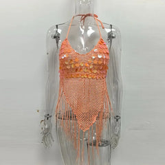Hnewly Sexy Hollow Out Women's Top Fashion Sequined Fringe Hem Backless Halter Crop Tops Summer Chic Female Beach Vacation Tanks