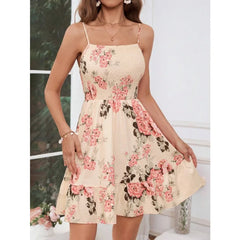 Lunivop Women's Floral Print Spaghetti Strap Dress Smocked Waist Ruffle Hem Mini Dress