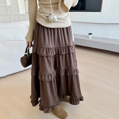 Hnewly Vintage Ruffles Velvet Long Skirts Women Fashion Elastic High Waist A Line Cake Skirt Woman Autumn Winter Mid Length Skirts