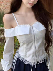 Hnewly New Patchwork Hot Girl White Tees Women Fashion Sweet Slim Long Sleeve Lace Off Shoulder T-Shirts Retro Casual Y2k Short Blouse
