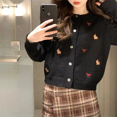 Hnewly Cartoon Embroidery Cardigans Woman Spring Autumn Concise Single Breasted Long Sleeve Sweater Women O-Neck Short Coat Mujer