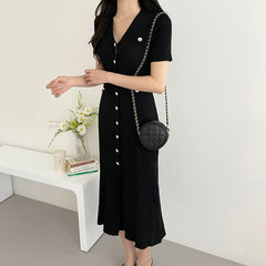 Hnewly Knitted Black Bodycon Korea Style Ruffle Ladies Short Sleeves Midi Dresses Elegant Casual V-neck Mermaid Dress for Women Summer