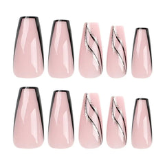 Hnewly French False Nails White Edge Crystal Blue Gradient Press on Nails Gold Glitter Sequins Lines Full Cover Nail Tips Women Girls